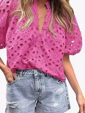 Pink Eyelet Embroidered Puff Sleeve Blouse